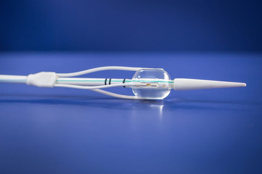 This catheter from Fractyl Laboratories is used in duodenal mucosal resurfacing, an endoscopic procedure being tested in people with Type 2 diabetes.