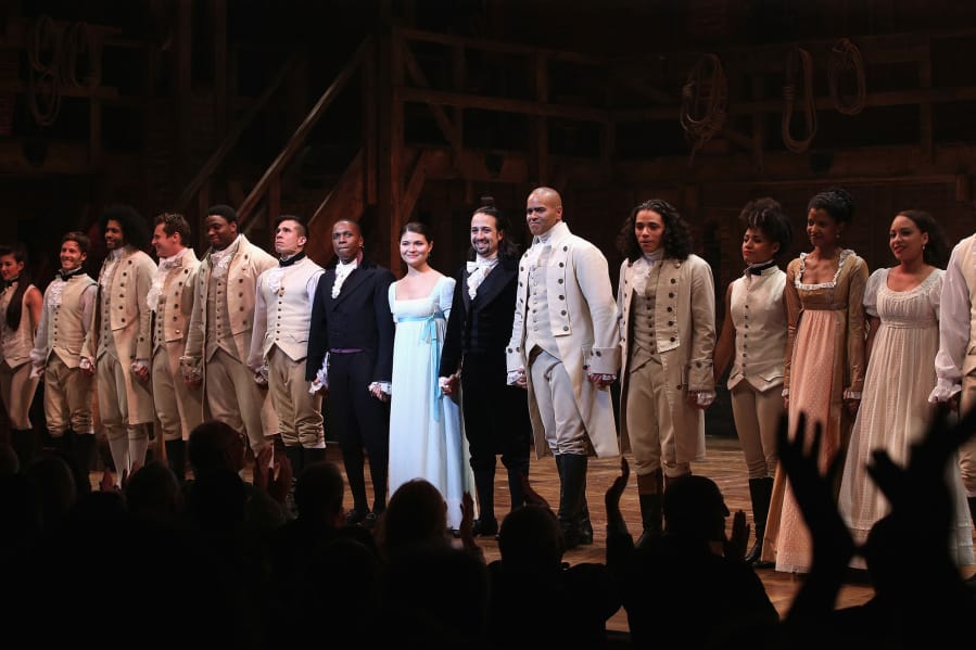 The cast of Hamilton performs the show&#039;s Broadway Opening Night at Richard Rodgers Theatre  in 2015 in New York City.