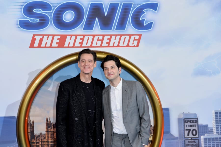 Jim Carrey, left, and Ben Schwartz attend the &quot;Sonic the Hedgehog&quot; London Fan Screening at Vue Westfield on Jan. 30 in London.