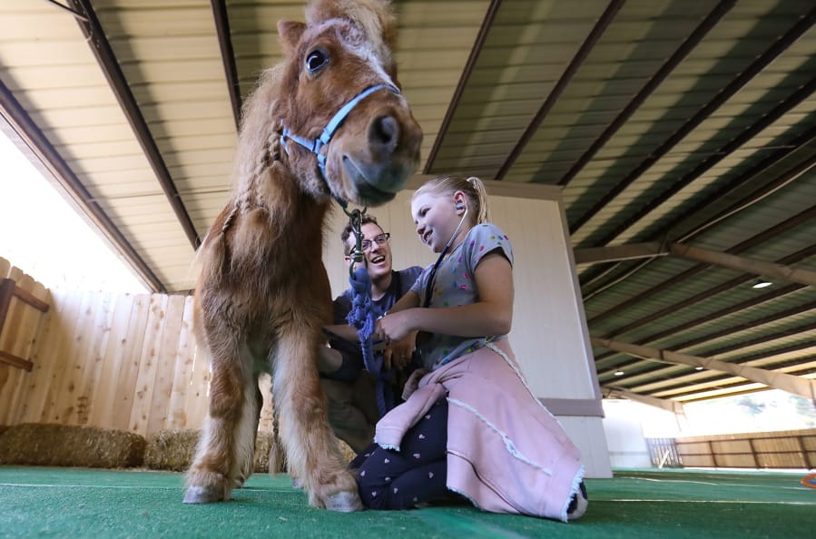 Kaylee Taylor, 9, a fourth-grader, uses a  stethoscope to listen to the heart of Fable, a miniature horse, with the help of Justin Norris, education coordinator at the Helen Woodward Animal Center, during the one-day veterinarian camp at the center Saturday in Rancho Santa Fe, Calif.
