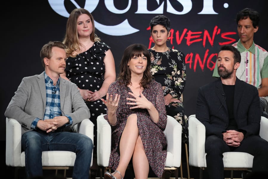David Hornsby, from left, Jessie Ennis, Megan Ganz, Ashly Burch, Rob McElhenney and Danny Pudi of &quot;Mythic Quest: Raven&#039;s Banquet&quot; speak during the 2020 Winter TCA Tour at The Langham Huntington, Pasadena in Pasadena, Calif.
