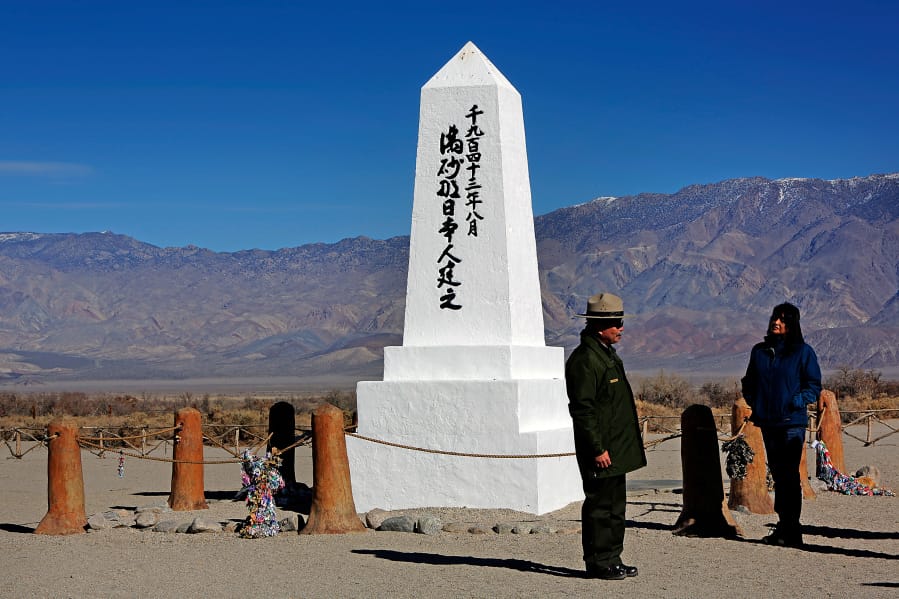 A monument marks the cemetery at Manzanar National Historic Site, where thousands of Japanese Americans were incarcerated during World War II.