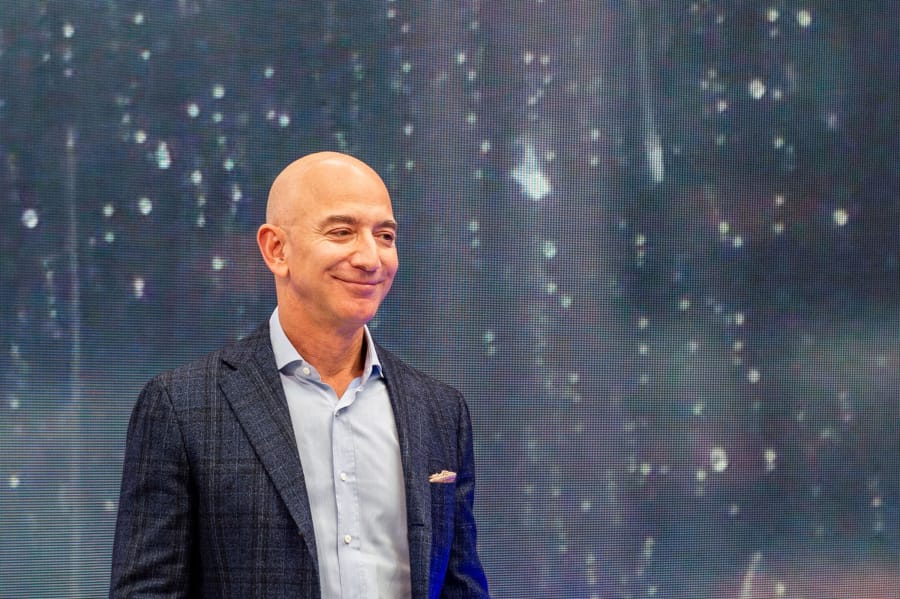 Jeff Bezos, head of Amazon, can be seen on the fringes of the company&amp;apos;s novelties event on Sept. 25, 2019.