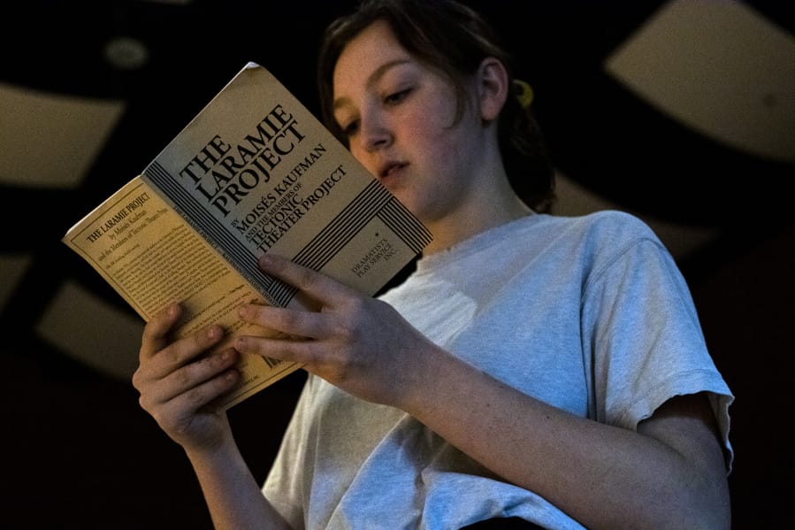 Hockinson High School junior and assistant director Paige Frings reads through the production of &quot;The Laramie Project&quot; at Hockinson High School on Feb. 21, 2020.