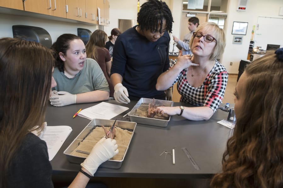Kamryn Martin, 14, from left, Gracy Lewellen, 15, Kayalin Smith, medical science teacher Nelean Warndahl and Tina Harmon, 15, work together to dissect a fetal pig during a medical science class in April at Woodland High School.
