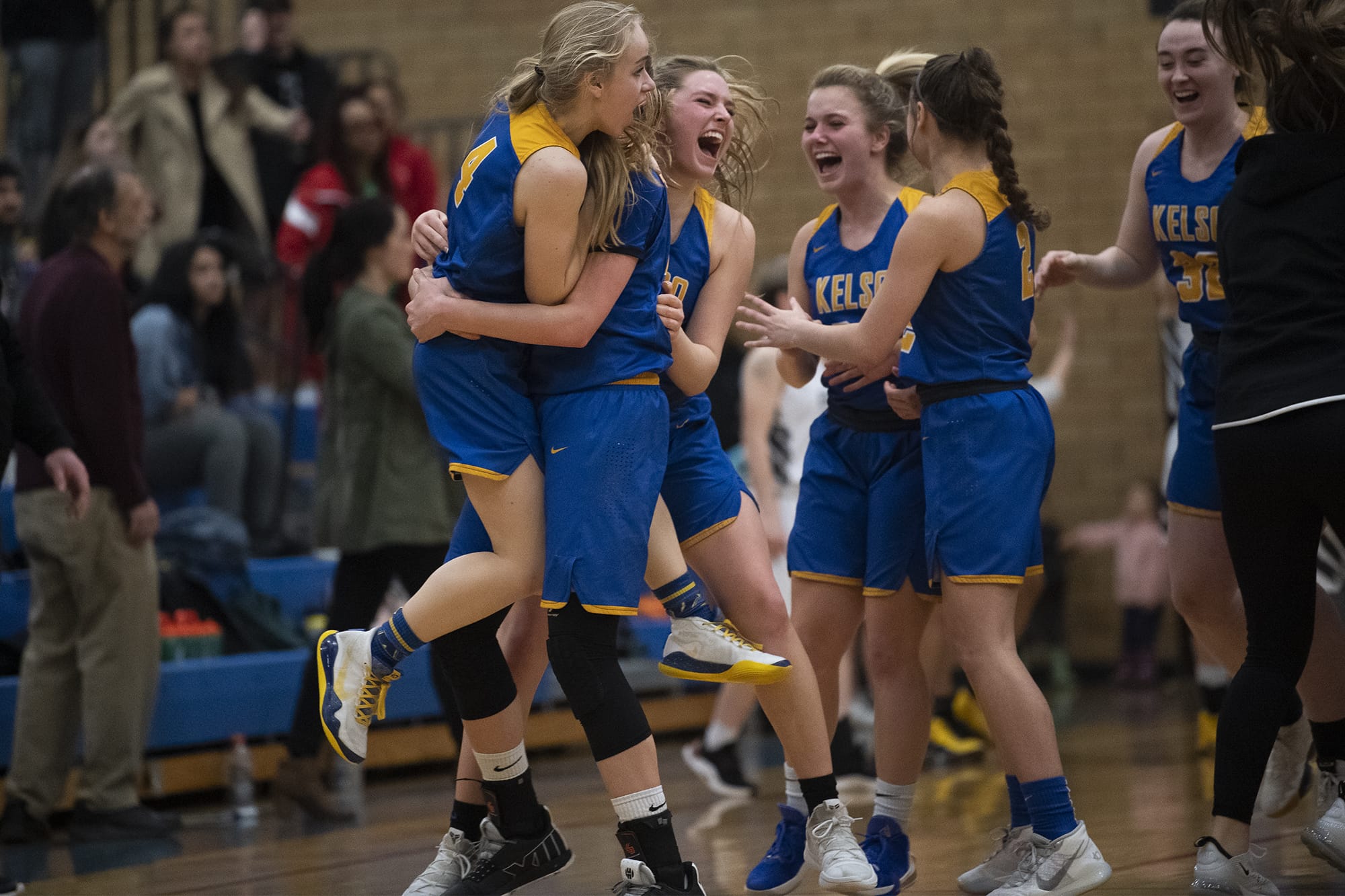 Kelso celebrates their win over Hudson’s Bay during a game at Mountain View High School on Friday night, Feb. 7, 2020.