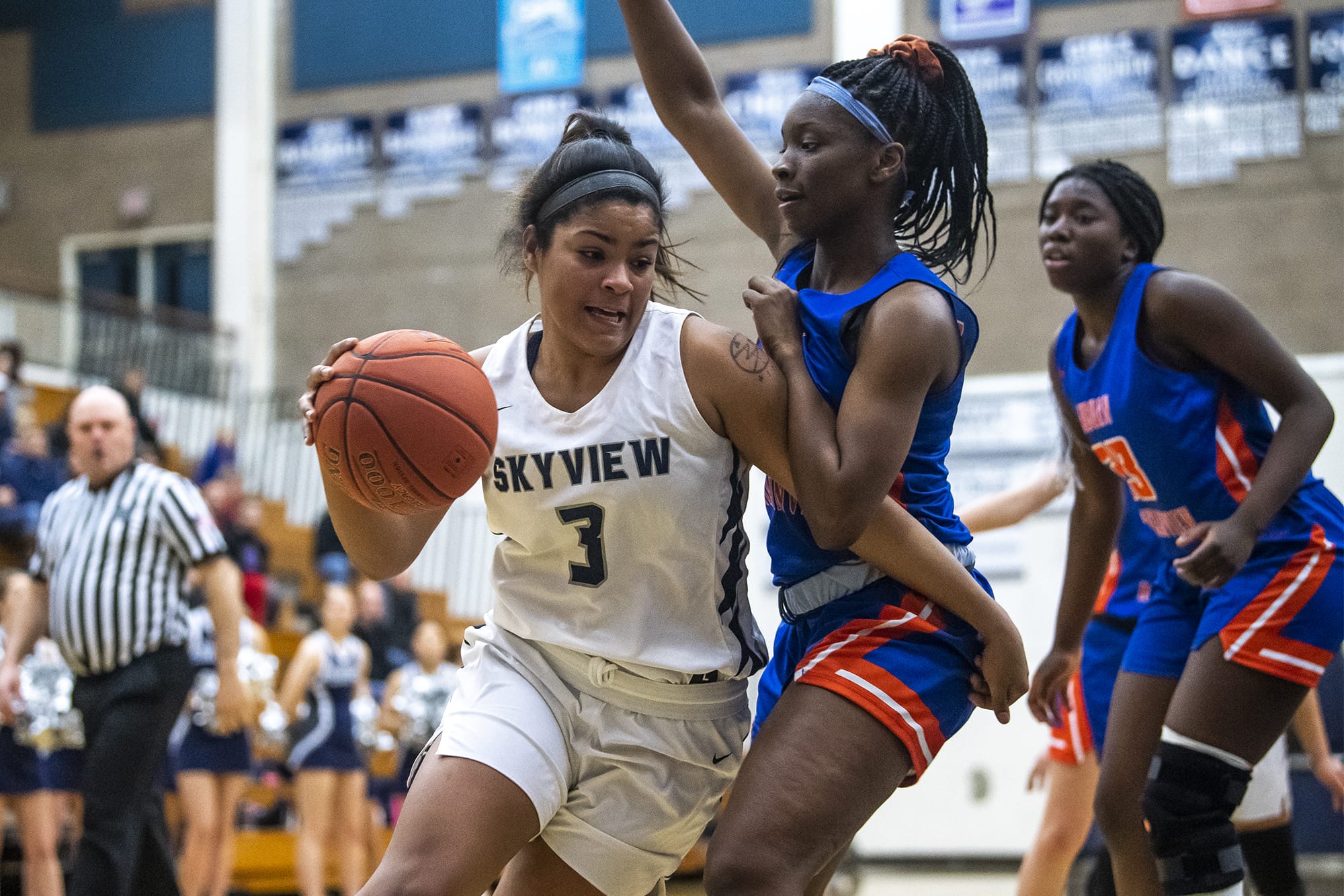 Skyview’s Mikelle Anthony drives to the hoop against Auburn during a game at Skyview High School on Thursday night, Feb. 13, 2020.
