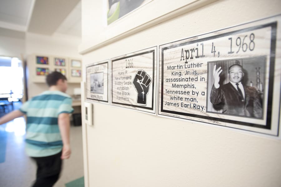 A timeline of the civil rights movement decorates the walls of the fifth-grade wing at Columbia Valley Elementary School in Vancouver. It&#039;s Black History Month, which means teachers across Clark County and the country are exploring the civil rights movement and other key points of black history in their classrooms.