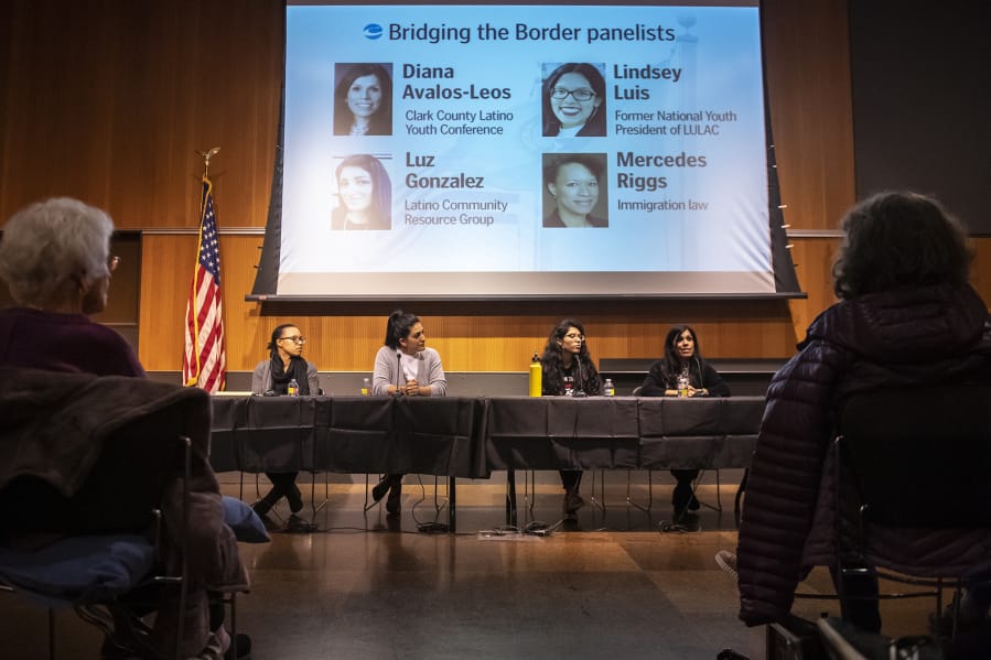 Diana Avalos-Leos, right, speaks during The Columbian&#039;s Bridging the Border community forum Feb. 13 at Vancouver Community Library.