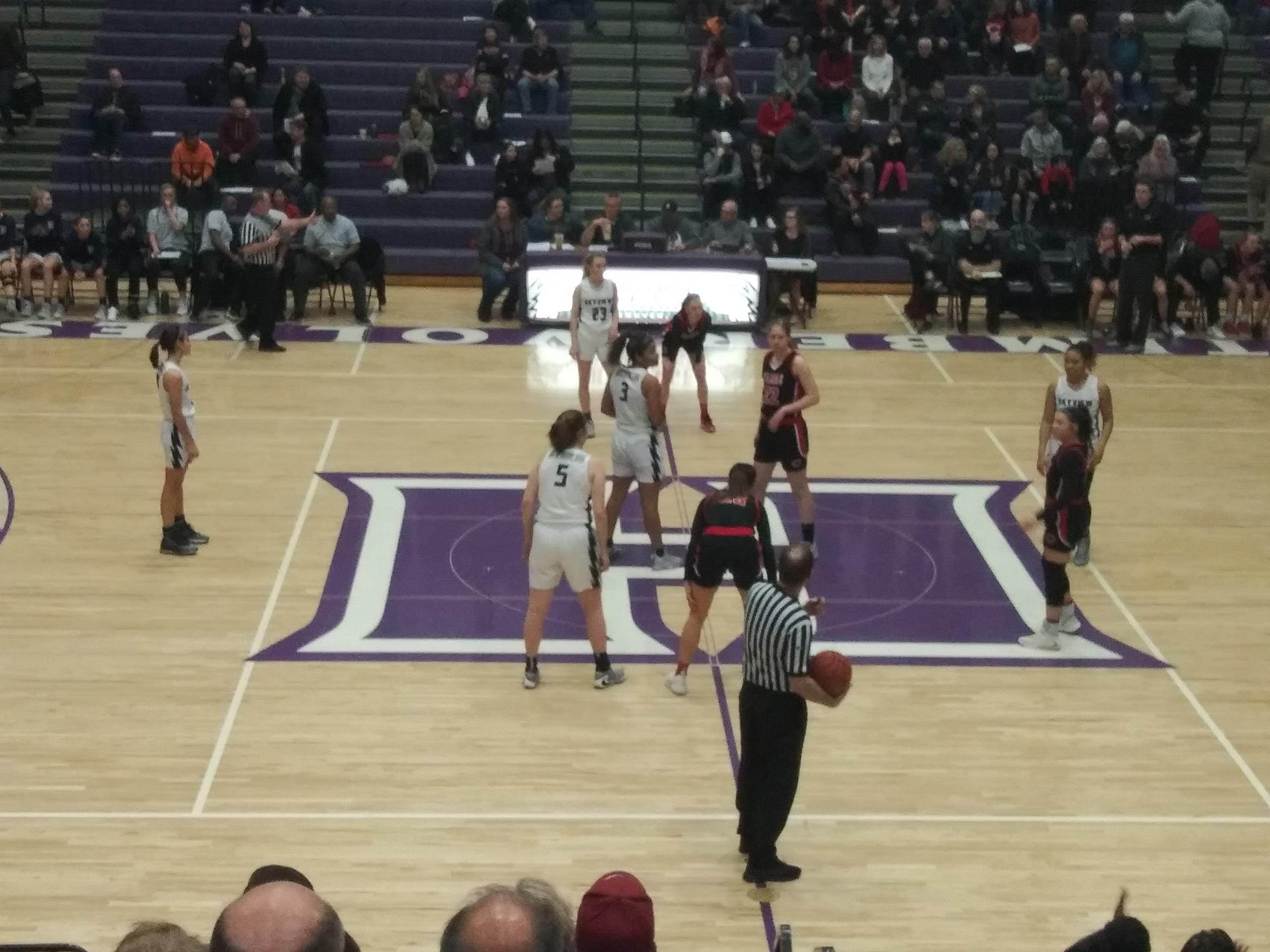The Camas and Skyview girls basketball team get ready to tip-off at their 4A bi-district playoff game.