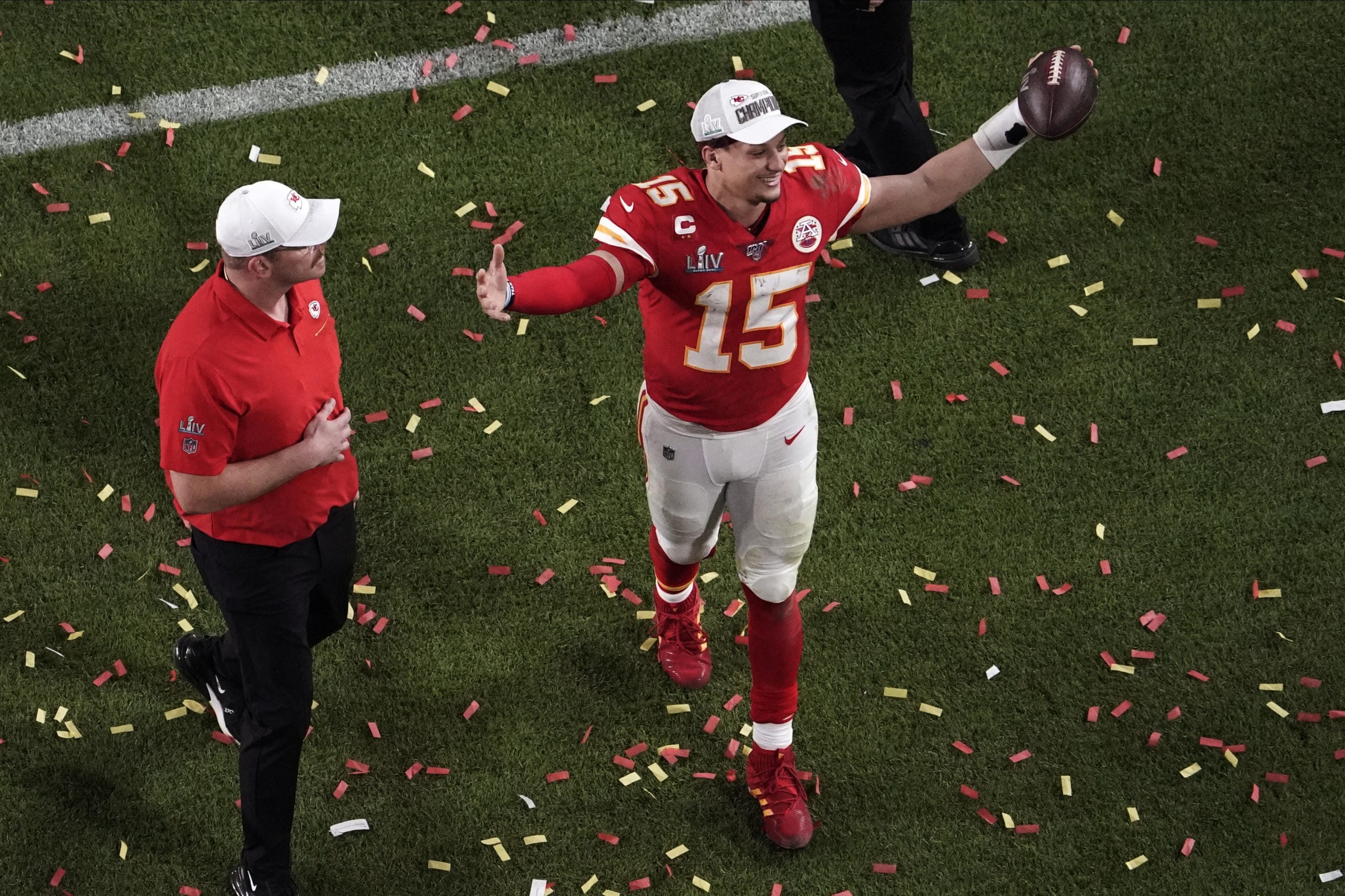Kansas City Chiefs quarterback Patrick Mahomes (15) raises his arms after his team won the NFL Super Bowl 54 football game against the San Francisco 49ers, Sunday, Feb. 2, 2020, in Miami Gardens, Fla. The Chiefs' defeated the 49ers 31-20.