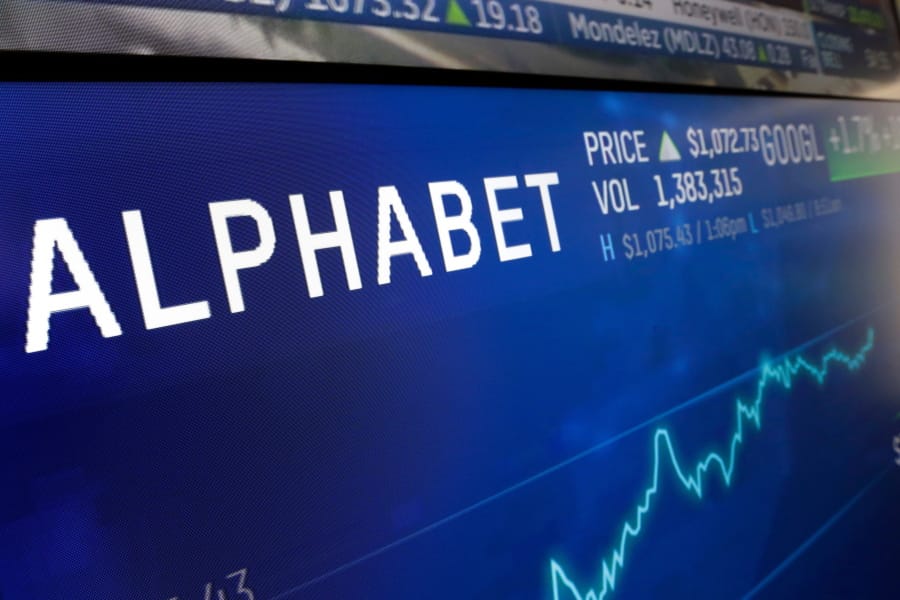 FILE- In this Feb. 14, 2018, file photo the logo for Alphabet appears on a screen at the Nasdaq MarketSite in New York. Google parent company Alphabet posted mixed fourth-quarter results on Monday, Feb 3, 2020, falling short on Wall Street&#039;s expectations for revenue but beating on profit.