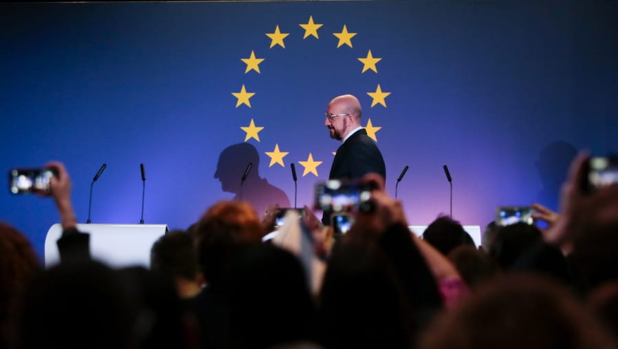 European Council President Charles Michel arrives for a media conference at the Parlamentarium in Brussels, Friday, Jan. 31, 2020. The U.K. is due to leave the EU on Friday the first nation in the bloc to do so.