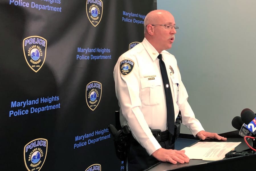 Maryland Heights Police Chief Bill Carson speaks at a news conference Tuesday, Feb. 25, 2020. Authorities say a police officer has shot and wounded a gunman Monday, Feb. 24, after he walked into a suburban St. Louis community center and started shooting, killing a woman.