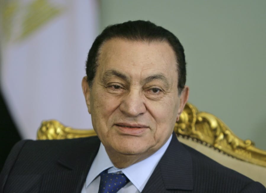 FILE - In this April 2, 2008 file photo, Egyptian President Hosni Mubarak looks attends a meeting at the Presidential palace, in Cairo, Egypt. Egypt state TV said Tuesday, Feb. 25, 2020. that the country&#039;s former President Hosni Mubarak, ousted in the 2011 uprising, has died at 91.