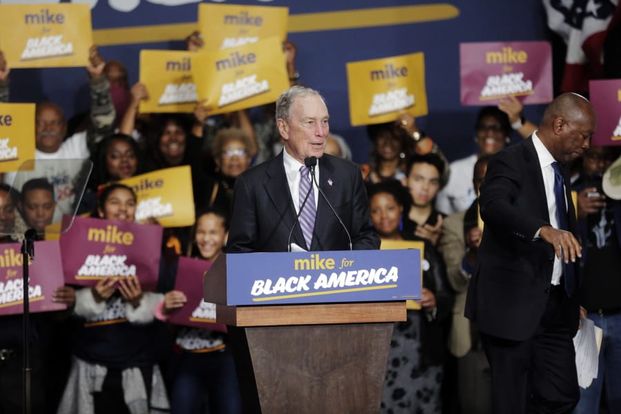 Democratic presidential candidate and former New York City Mayor Michael Bloomberg speaks during a campaign rally at the Buffalo Soldier Museum in Houston, Thursday, Feb. 13, 2020. Houston Mayor Sylvester Turner stands at right.