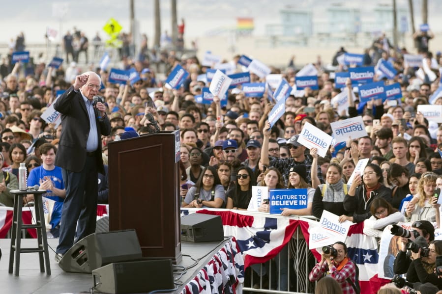 FILE - In this Dec. 21, 2019, file photo, Democratic presidential candidate Sen. Bernie Sanders, I-Vt., speaks during a rally in Venice, Calif. California is the largest prize in the calculations of any Democratic presidential candidate, but it rarely seems that way.