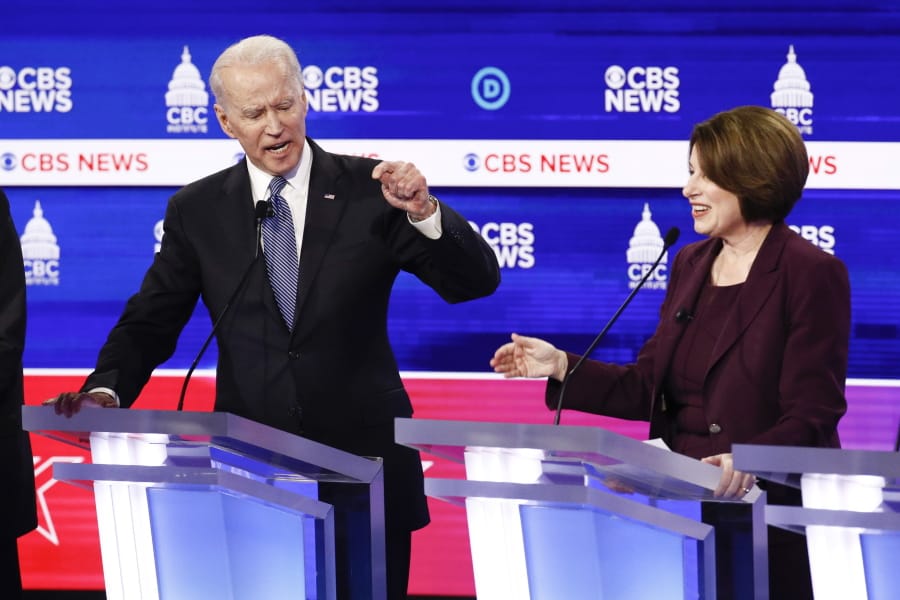 Democratic presidential candidates, former Vice President Joe Biden, left, and Sen. Amy Klobuchar, D-Minn., participate in a Democratic presidential primary debate at the Gaillard Center, Tuesday, Feb. 25, 2020, in Charleston, S.C., co-hosted by CBS News and the Congressional Black Caucus Institute.