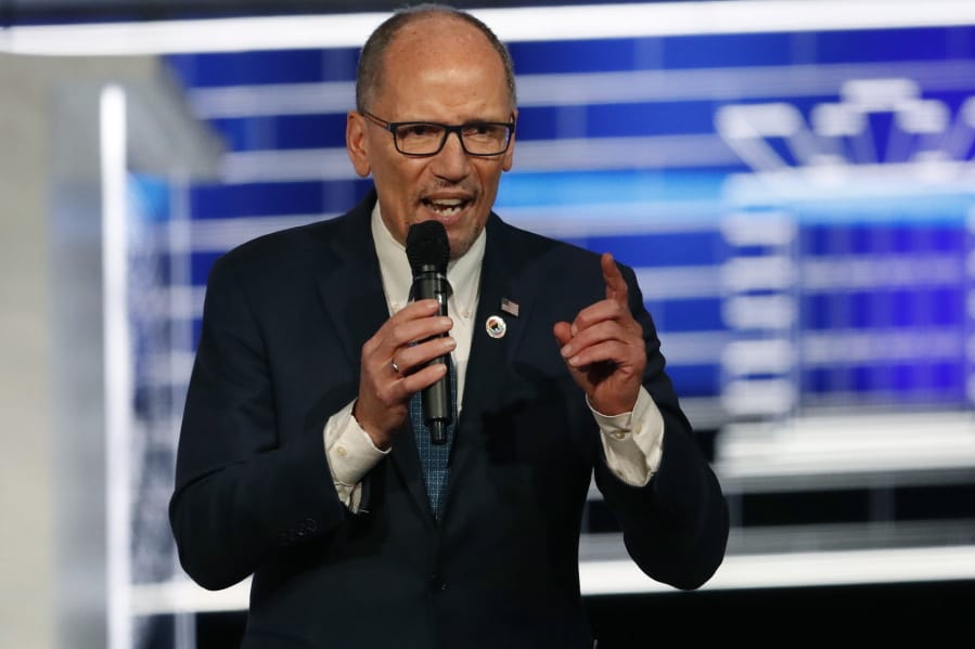 FILE - In this Nov. 20, 2019 file photo, Chair of the Democratic National Committee, Tom Perez, speaks before a Democratic presidential primary debate in Atlanta. Perez is calling for a &quot;recanvass&quot; of the results of Monday&#039;s Iowa caucus.