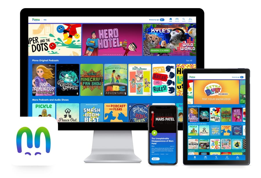 The Pinna app displayed on a computer, mobile phone and tablet. The on-demand streaming service offers podcast, audiobook and music compilations for kids.