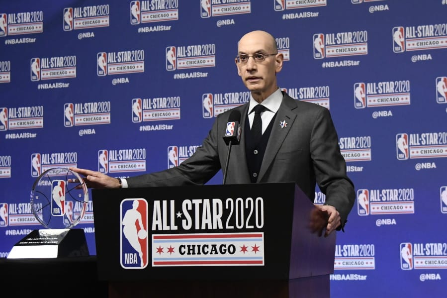 NBA Commissioner Adam Silver unveils the NBA All-Star Game Kobe Bryant MVP Award during a news conference Saturday, Feb. 15, 2020, in Chicago.