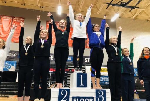 Camas' Shea McGee was second on the floor exercise behind Rylye Anderson of Puyallup at the 4A state gymnastics meet (WIAA photo)