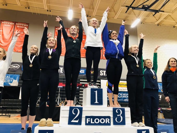 Camas' Shea McGee was second on the floor exercise behind Rylye Anderson of Puyallup at the 4A state gymnastics meet (WIAA photo)