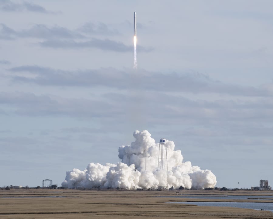 The Northrop Grumman Antares rocket with Cygnus resupply spacecraft onboard, launches at NASA&#039;s Wallops Flight Facility on Saturday, Feb. 15, 2020 in Wallops Island, Va. The cargo ship is rocketing toward the International Space Station, carrying the usual experiments and gear but also candy and cheese to satisfy the crew&#039;s cravings.  The nearly 4-ton shipment should arrive at the orbiting lab Tuesday.