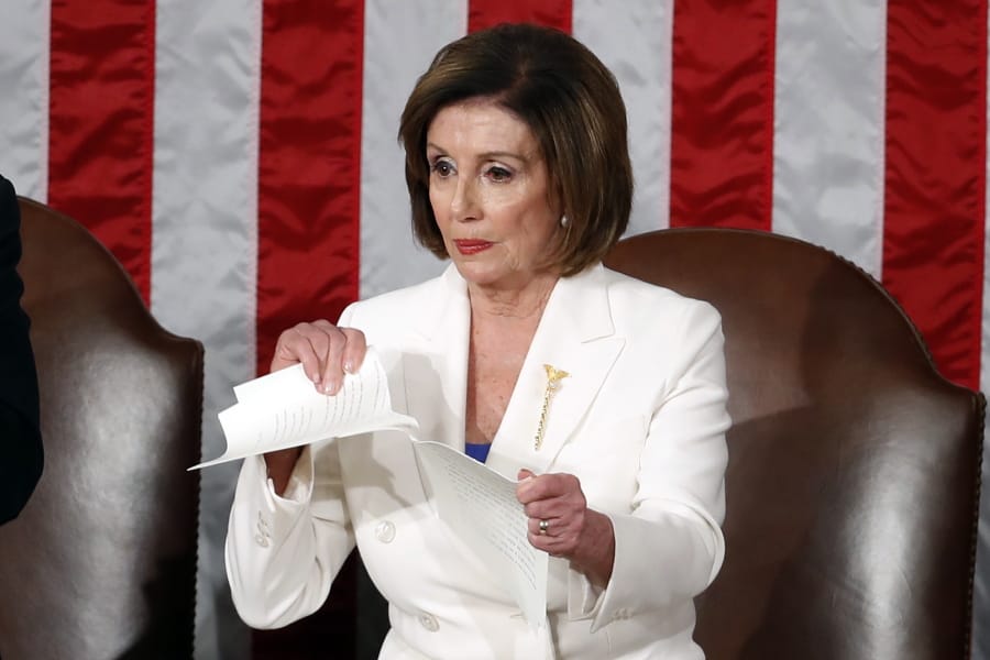 House Speaker Nancy Pelosi of Calif., tears her copy of President Donald Trump&#039;s State of the Union address after he delivered it to a joint session of Congress on Capitol Hill in Washington, Tuesday, Feb. 4, 2020.