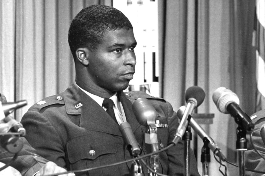 Maj. Robert H. Lawrence Jr., the first black astronaut in the U.S. space program, is introduced at a news conference in El Segundo, Calif., on June 30, 1967.