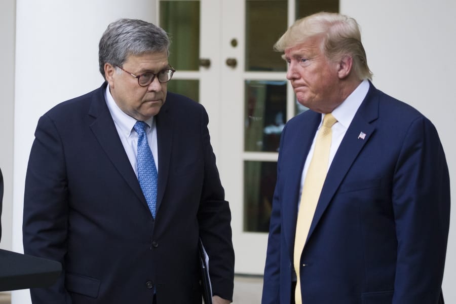 FILE - In this July 11, 2019, file photo, Attorney General William Barr, left, and President Donald Trump turn to leave after speaking in the Rose Garden of the White House, in Washington. Attorney General William Barr took a public swipe Thursday at President Donald Trump, saying that the president&#039;s tweets about Justice Department prosecutors and cases &quot;make it impossible for me to do my job.&quot;  Barr made the comment during an interview with ABC News just days after the Justice Department overruled its own prosecutors. they had initially recommended in a court filing that President Donald Trump&#039;s longtime ally and confidant Roger Stone be sentenced to 7 to 9 years in prison. But the next day, the Justice Department took the extraordinary step of lowering the amount of prison time it would seek for Stone.