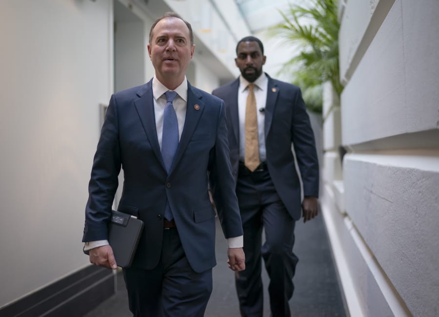 Lead House impeachment manager, Intelligence Committee Chairman Adam Schiff, D-Calif., arrives to meet with fellow Democrats at the Capitol in Washington, Wednesday, Feb. 5, 2020. (AP Photo/J.
