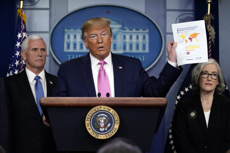 President Donald Trump, with members of the President&#039;s Coronavirus Task Force, holds a paper about countries best and least prepared to deal with a pandemic, during a news conference in the Brady Press Briefing Room of the White House, Wednesday, Feb. 26, 2020, in Washington.