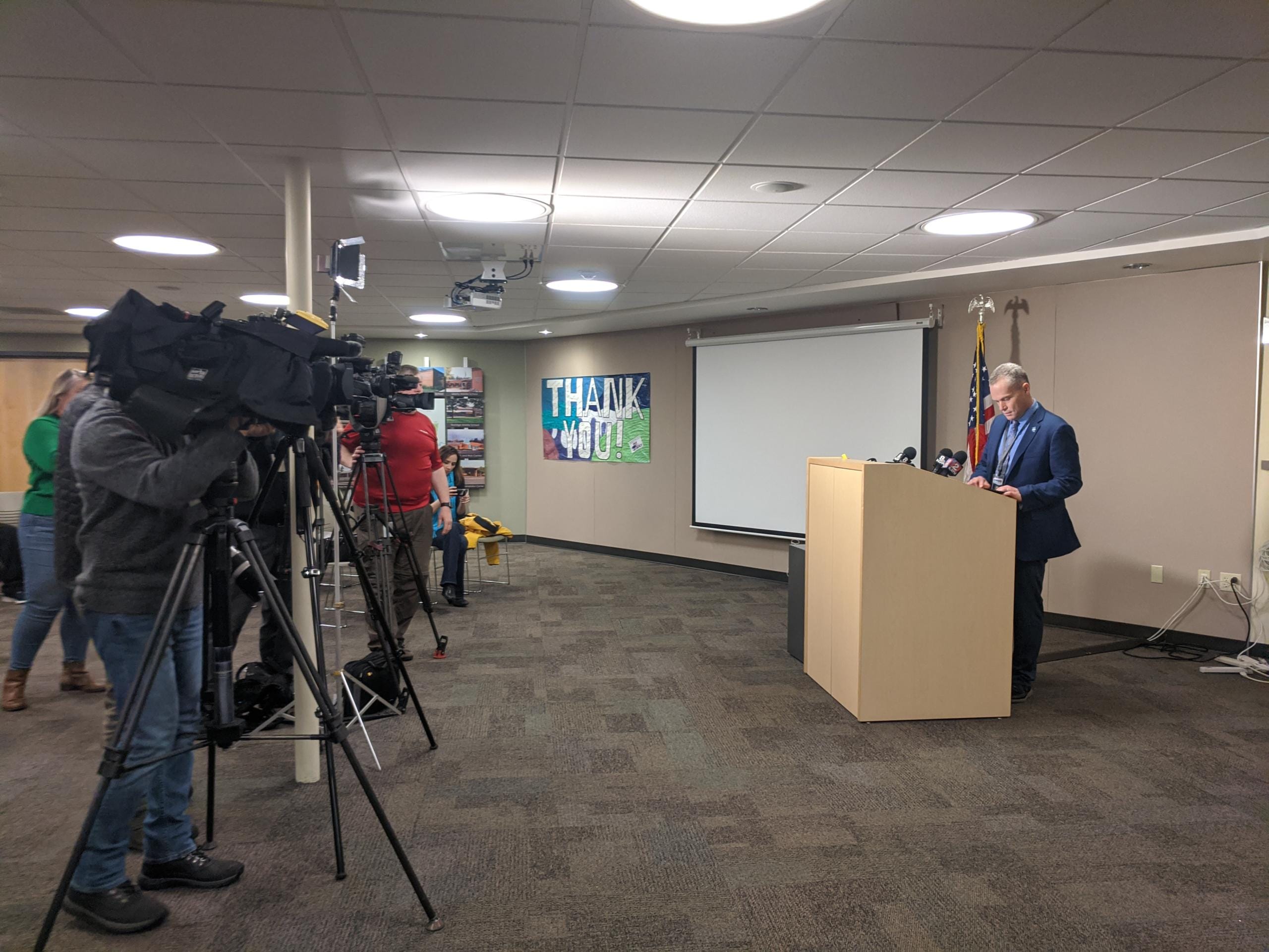 Camas School District Superintendent Jeff Snell speaks to the media Friday afternoon about the resignation of Camas High School Principal Liza Sejkora.