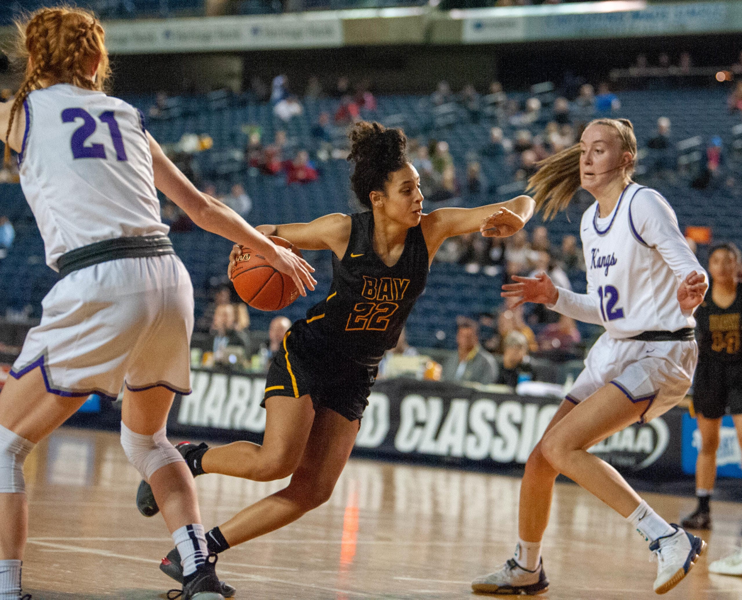 Hudson's Bay's Mahaila Harrison drives to the basket in a 3A round-of-12 game Wednesday at the Tacoma Dome.