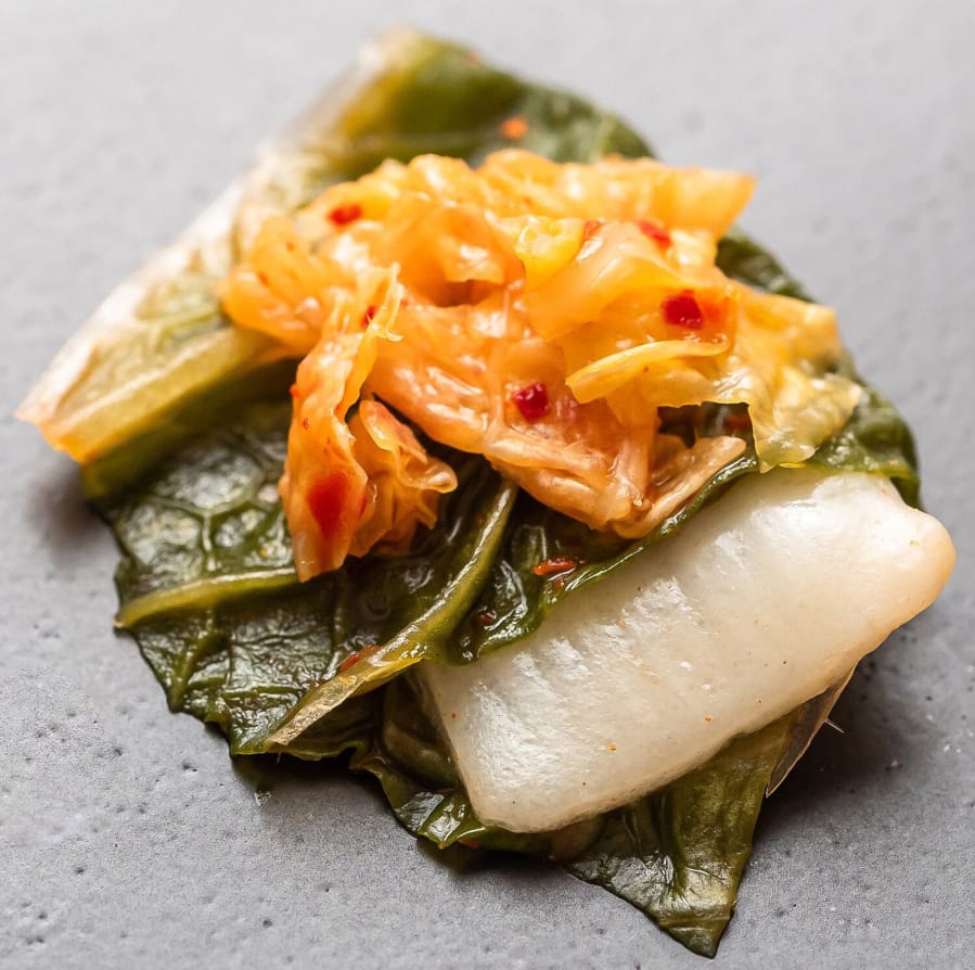 BlueNalu&#039;s whole-muscle, cell-based yellowtail prepared in acidified form in a kimchi recipe.