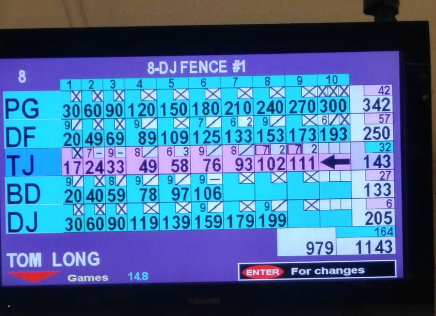 The scoreboard at Husted&#039;s Hazel Dell Lanes from Feb. 25 showing Phil Gleason&#039;s 300 game at the top of the screen.