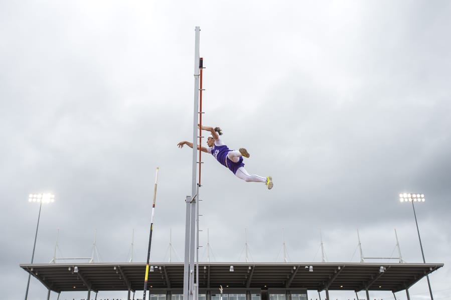Columbia River&#039;s Levi Williams completes his height during the 2A Boys Pole Vault at the WIAA state track meet at Mount Tahoma High School in Tacoma last May.