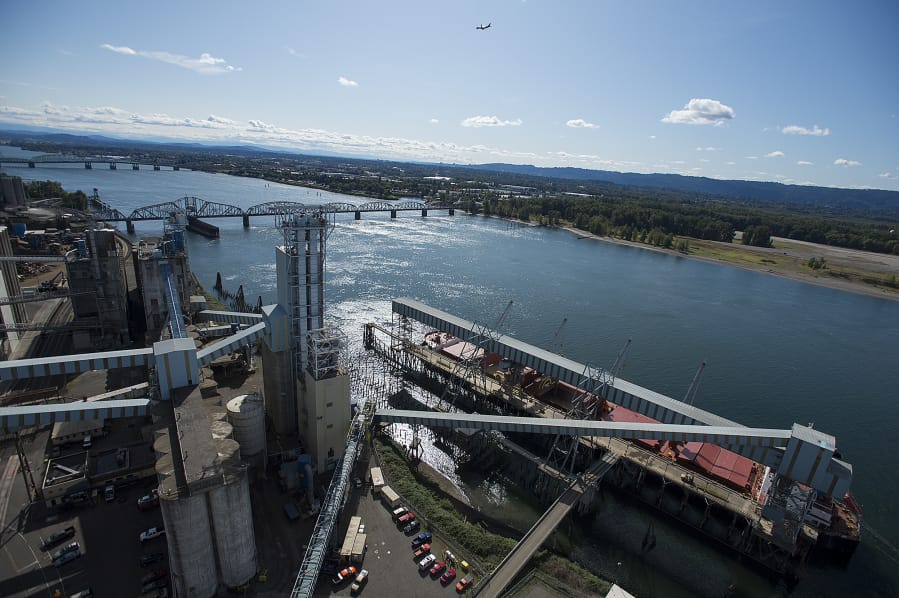 A vessel named the Agios Nikolas receives a load of red wheat earlier this as it stops at United Grain Corporation at the Port of Vancouver on its way to Vietnam.