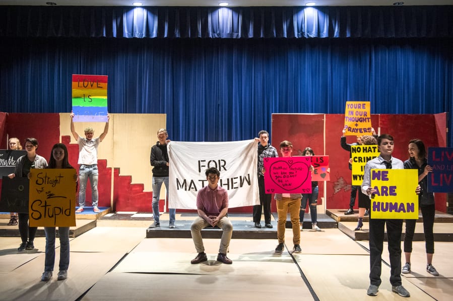 The Hockinson High School Theater Company rehearses an entirely student-driven production of &quot;The Laramie Project,&quot; which opens tonight.