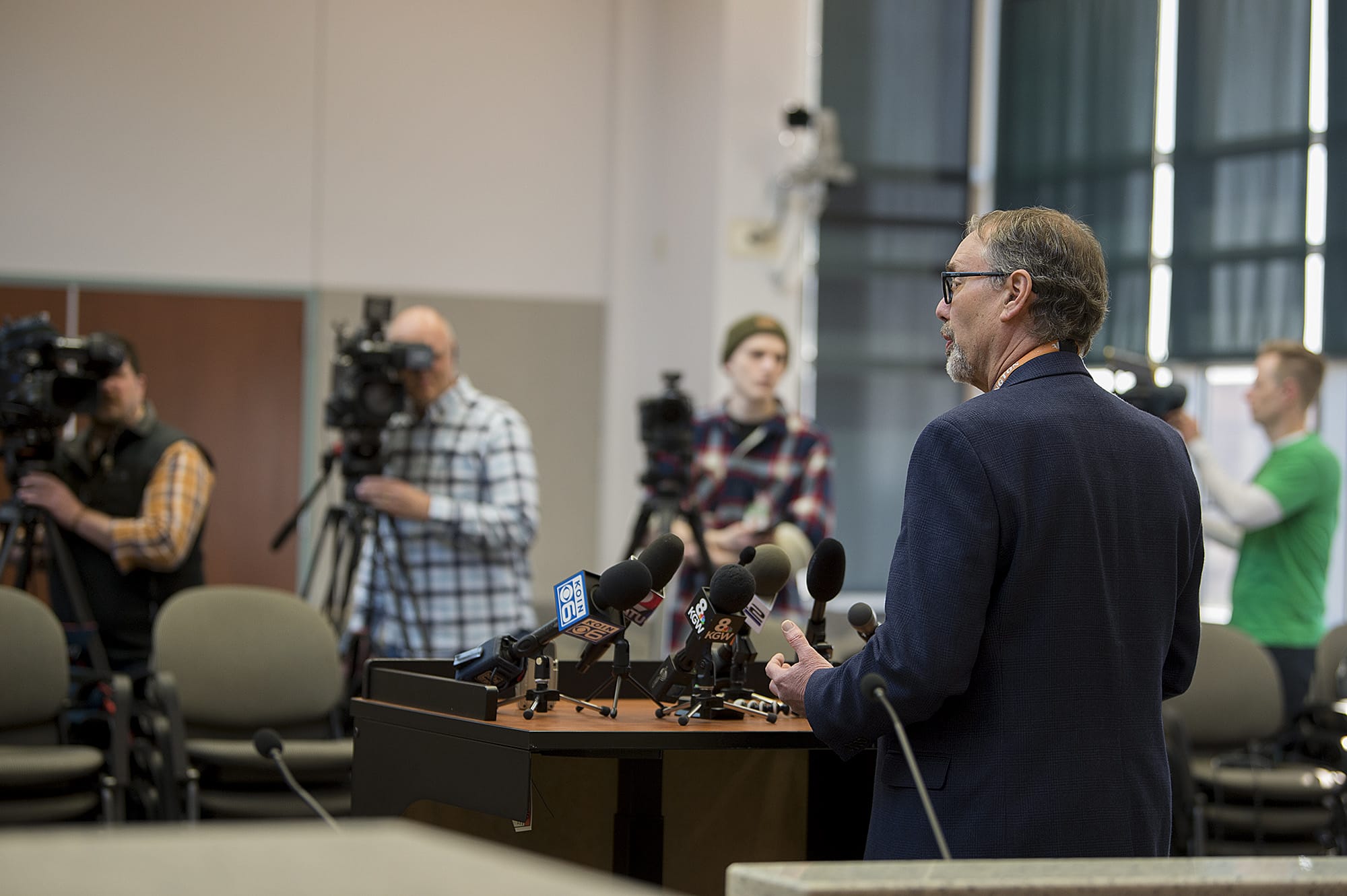 Dr. Alan Melnick, Clark County Health Officer and Public Health Director, speaks to the media about the two recent COVID-19 deaths during a press conference at the Clark County Public Hearing Room on Tuesday morning, March 17, 2020.