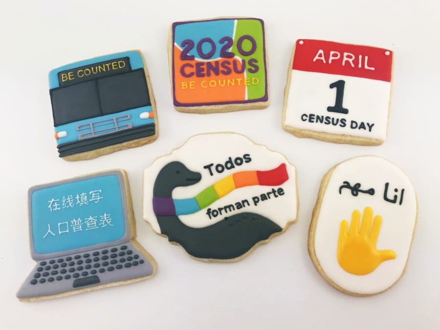 This undated photo provided by Jasmine Cho, who was supposed to lead cookie decorating activities at Census events in Pittsburgh in March and April, shows cookies she decorated with U.S. Census themes. The spread of the novel coronavirus has waylaid 2020 census outreach efforts that were planned in advance to get as many people as possible counted in the once-a-decade head count.