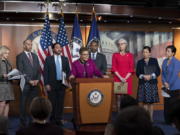 Members of the Congressional Tri-Caucus speaks to reporters to discuss the 2020 Census and the concern for getting an accurate count in minority communities, on Capitol Hill in Washington, Thursday, March 5, 2020. From left are Rep. Carolyn Maloney, D-N.Y., chair of the House Oversight Committee, House Democratic Caucus Chair Hakeem Jeffries, D-N.Y., Rep. Joaquin Castro, D-Texas, chair of the Congressional Hispanic Caucus, Rep. Karen Bass, D-Calif., chair of the Congressional Black Caucus, Rep. Steven Horsford, D-Nev., chair of the 2020 Census Task Force for the CBC, House Democratic Caucus Vice Chair Katherine Clark, D-Mass., Rep. Deb Haaland, D-N.M., Native American Caucus co-chair, and Rep. Judy Chu, D-Calif., chair of the Congressional Asian Pacific American Caucus. (AP Photo/J.