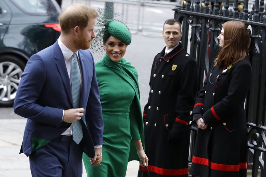 Britain&#039;s Harry and Meghan the Duke and Duchess of Sussex arrive to attend the annual Commonwealth Day service at Westminster Abbey in London on Monday.
