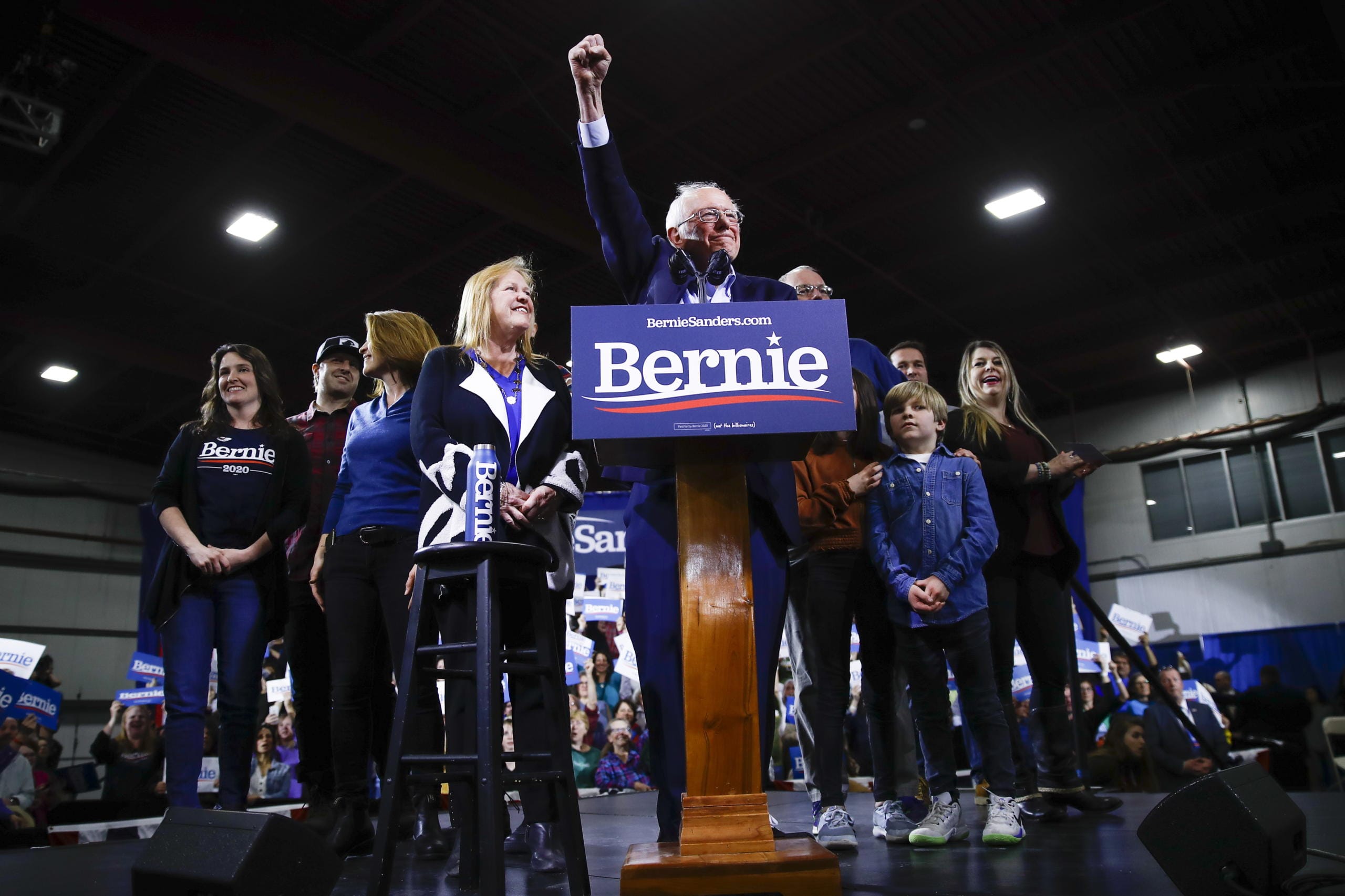 Democratic presidential candidate Sen. Bernie Sanders, I-Vt., accompanied by his wife Jane O'Meara Sanders and other family members, speaks during a primary night election rally in Essex Junction, Vt., Tuesday, March 3, 2020.