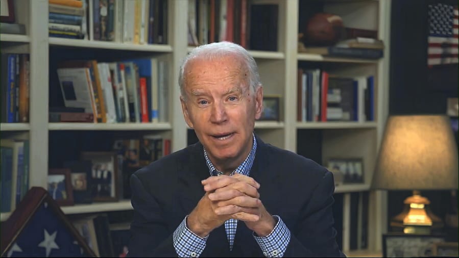 In this image from video, Democratic presidential candidate former Vice President Joe Biden speaks during a virtual press briefing Wednesday.