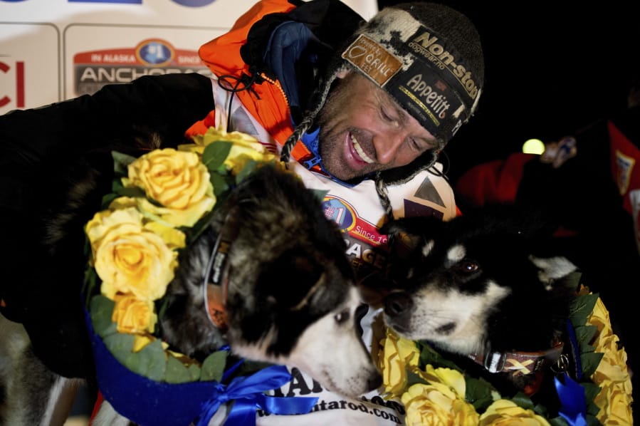 Thomas Waerner, of Norway, arrives in Nome, Alaska, Wednesday, March 18, 2020, to win the Iditarod Trail Sled Dog Race.