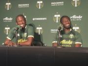 Diego Chara, left, and his younger brother Yimmi Chara, right, speak at the Portland Timbers&#039; MLS soccer media day at Providence Park in Portland, Ore. The brothers are playing together for the Portland Timbers this season. (Anne M.