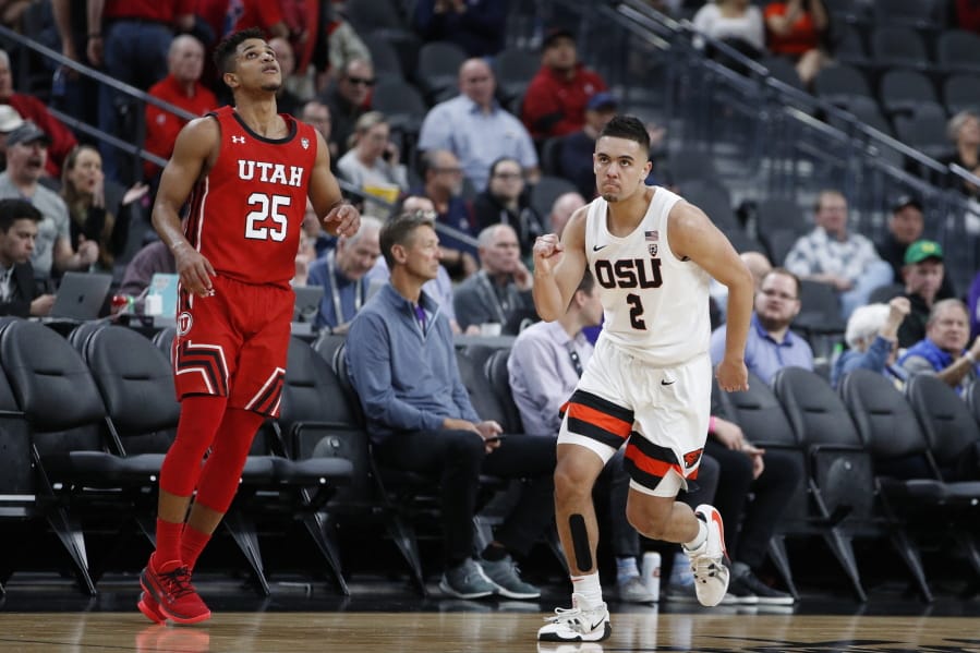 Oregon State&#039;s Jarod Lucas (2) celebrates after a play against Utah during the second half of an NCAA college basketball game in the first round of the Pac-12 men&#039;s tournament Wednesday, March 11, 2020, in Las Vegas.