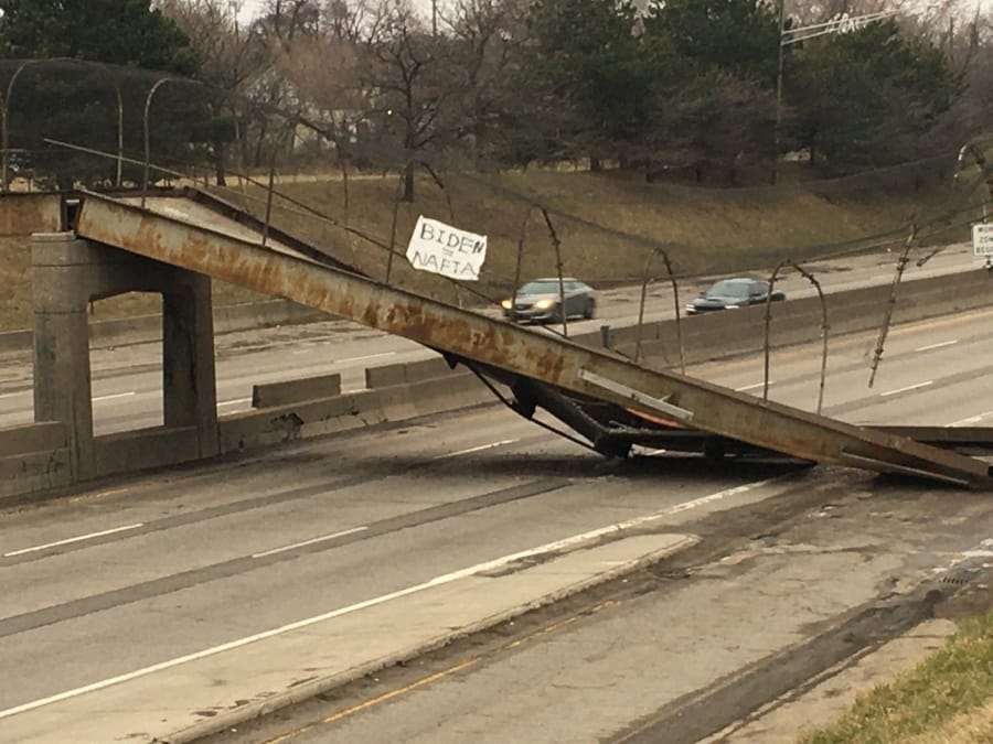 This photo provided by Michigan Department of Transportation shows the Townsend Pedestrian Bridge that collapsed onto westbound Interstate 94 early Friday, March 27, 2020 in Detroit. No one was injured in the collapse onto westbound Interstate 94, Lt. Mike Shaw, a Michigan State Police spokesman, said in an email.